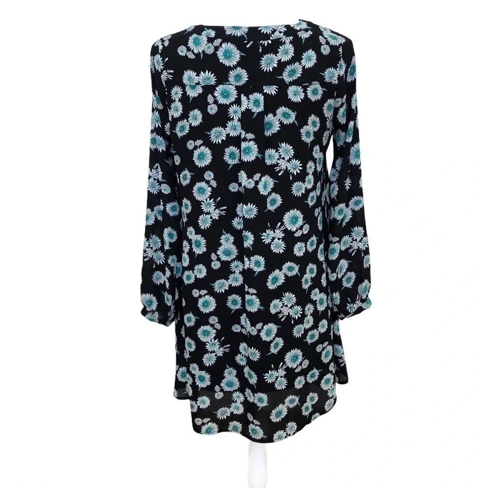 Black & Teal Floral Babydoll Dress Long Sleeves Size XS